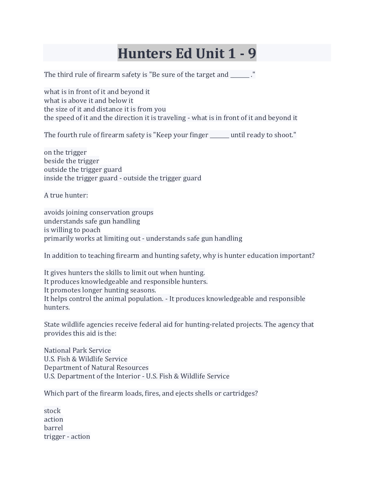 Preview of Hunters Ed Unit 1 - 9 Questions And Answers 100% Correct